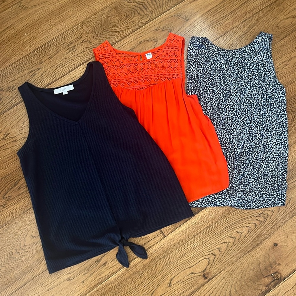 Lot of 3 sleeveless shirts; sizes XS, S, M GUC